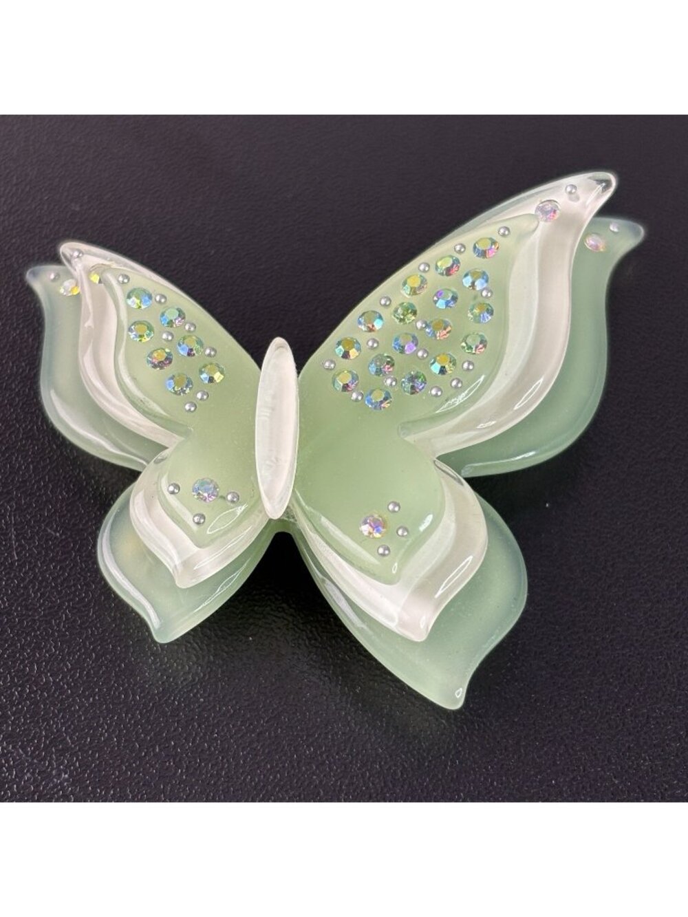 Vintage Butterfly Brooch Multi-layered Translucent Green Pin Rhinestones 2.5" W